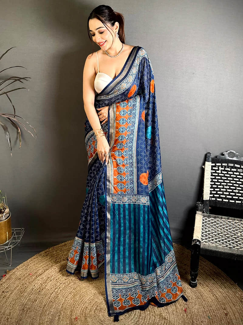 Navy Mul Cotton Bandhani Ajrak Print Saree