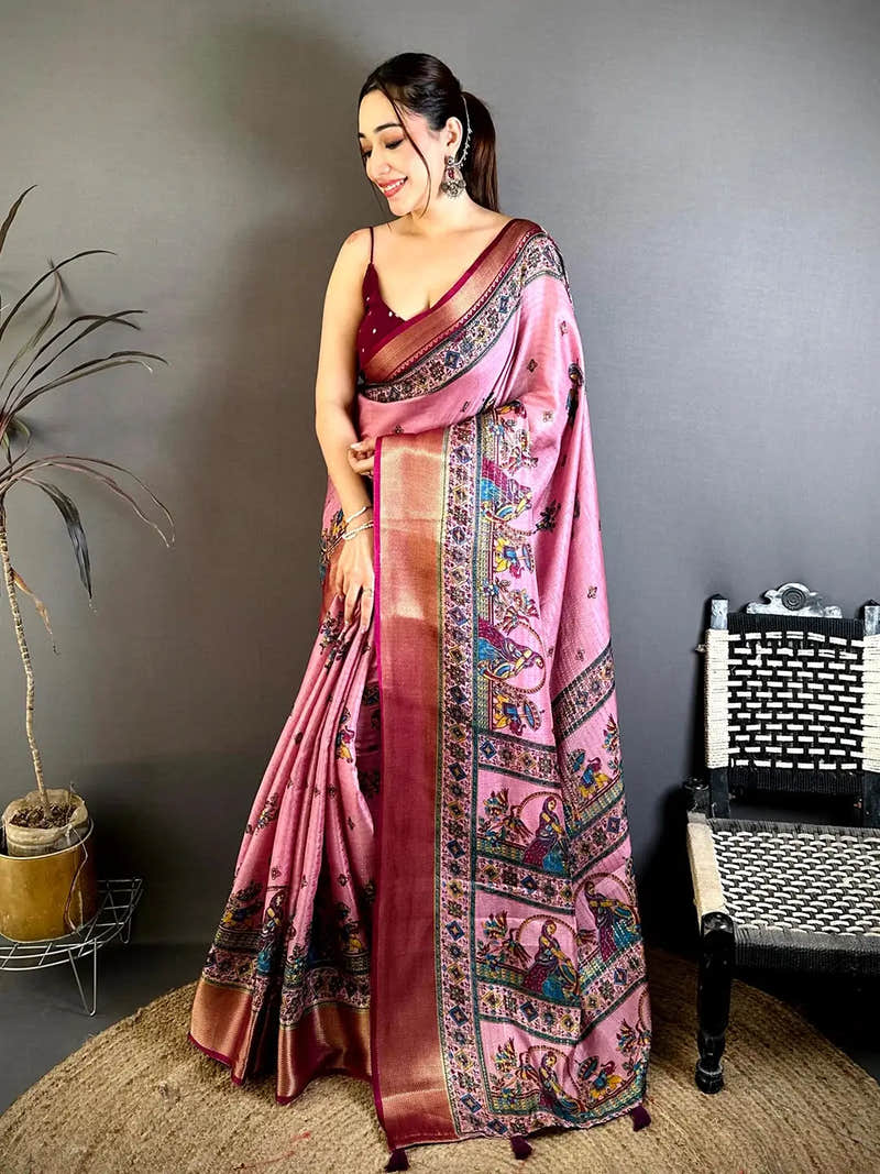 Pink Soft Dola Kalamkari Zari Border Saree
