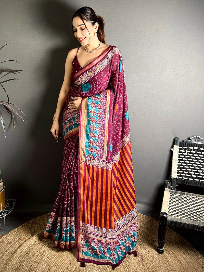 Wine Mul Cotton Bandhani Ajrak Print Saree
