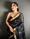 Black Linen Chanderi Pearl Bead Work Saree