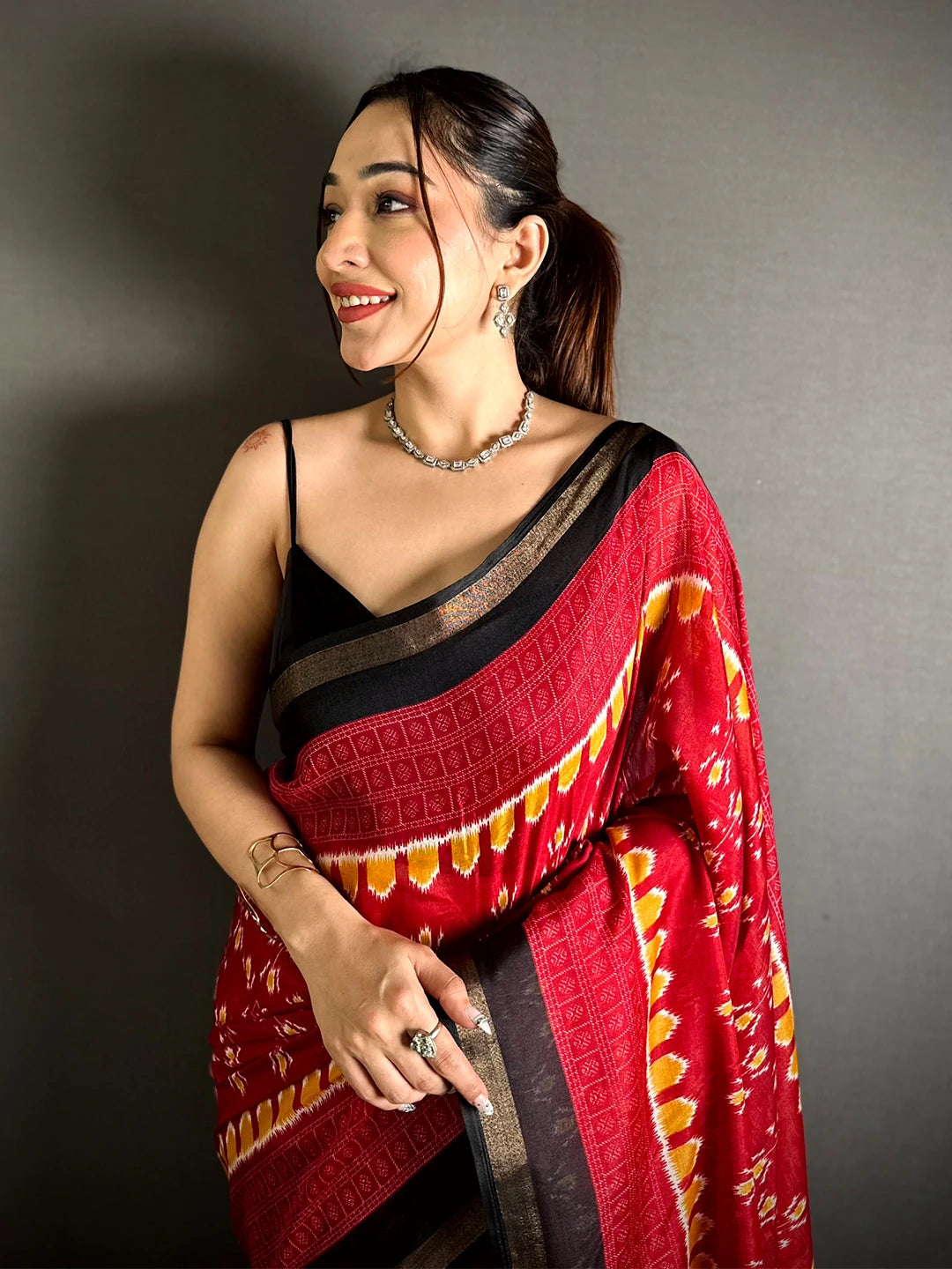 Exclusive Red Mul Cotton Ikkat Print Saree