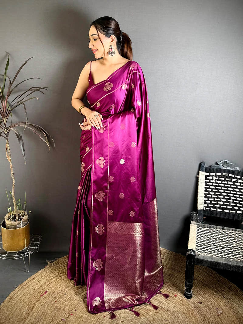 Regal Wine Satin Silk Garuda Zari Butta Saree