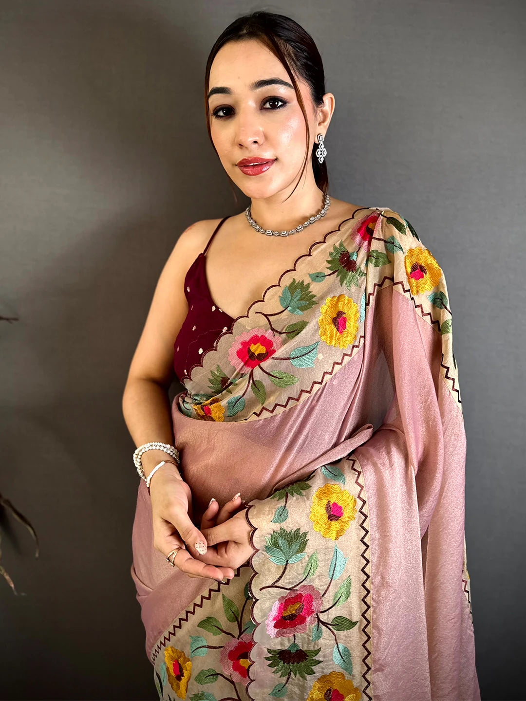 Pink Soft Crush Silk Resham Floral Border Saree