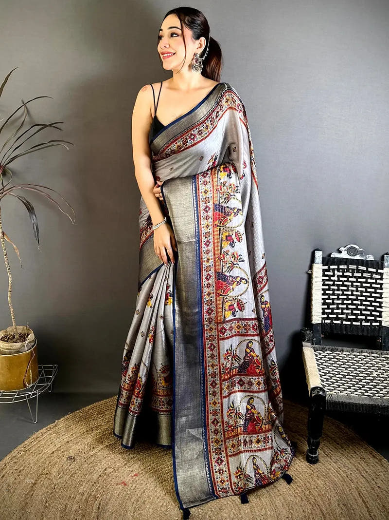 Silver Soft Dola Kalamkari Zari Border Saree