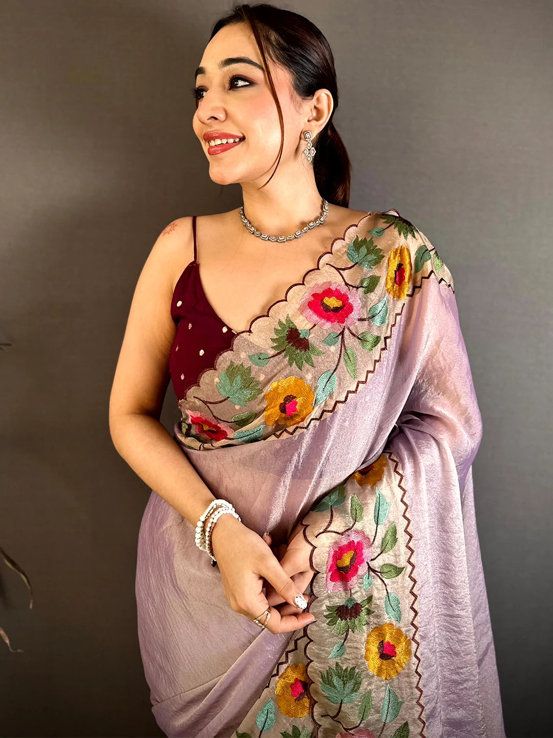 Lavender Soft Crush Silk Resham Floral Border Saree