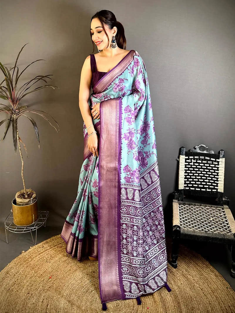Radiance Aqua Floral Print Soft Dola Saree