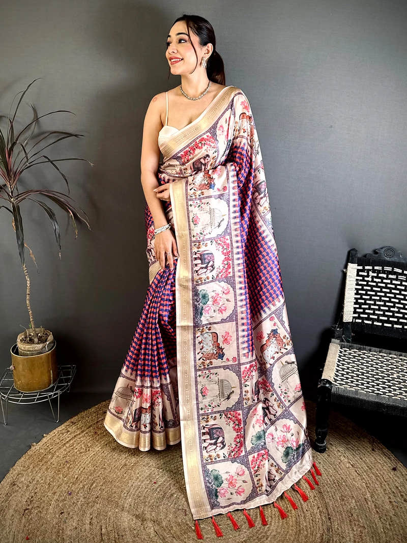 Radiant Soft Silk Checks Pichwai Print Saree