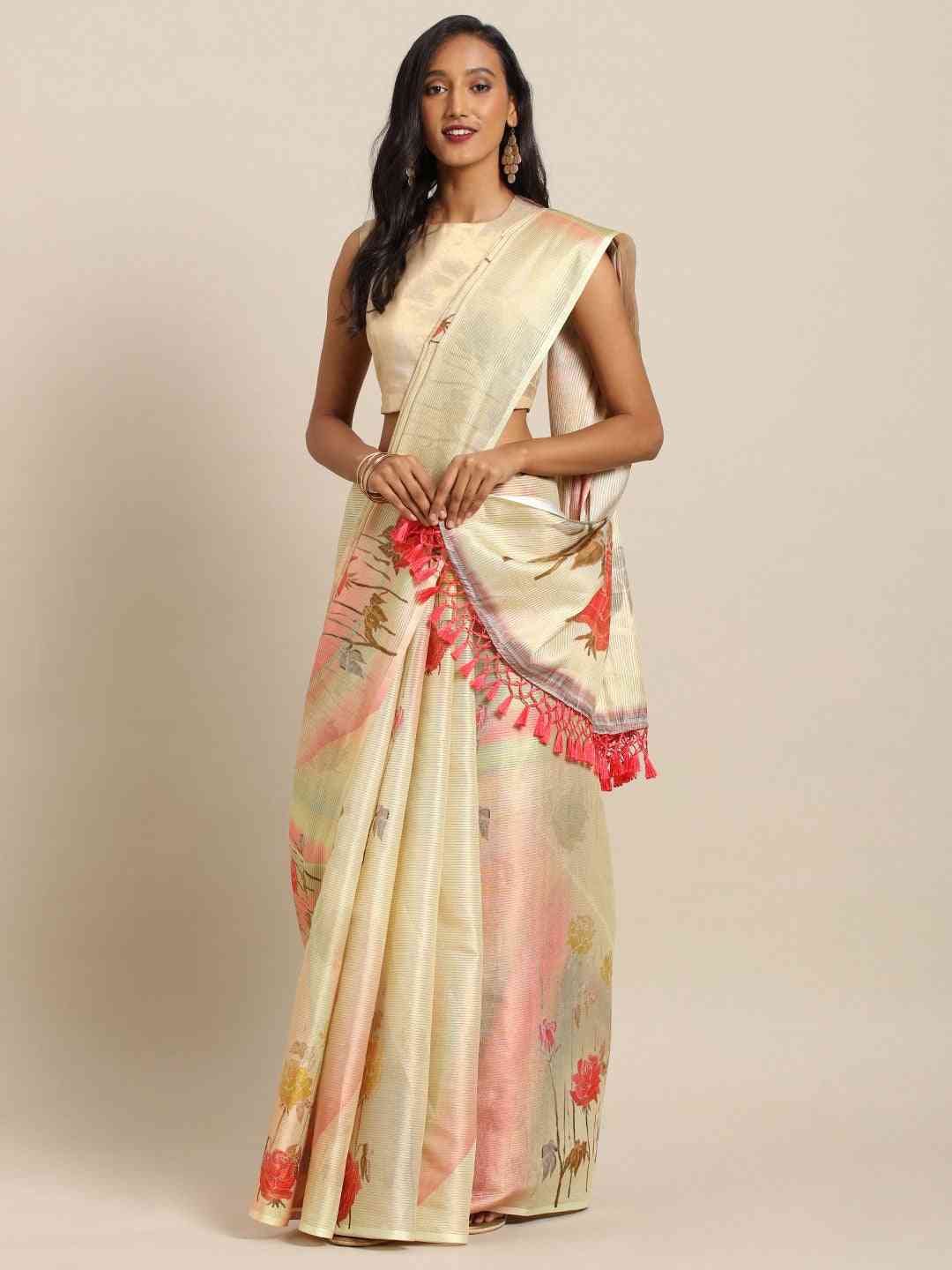 Exclusive Maheshwari Floral Printed Saree With Zari Border