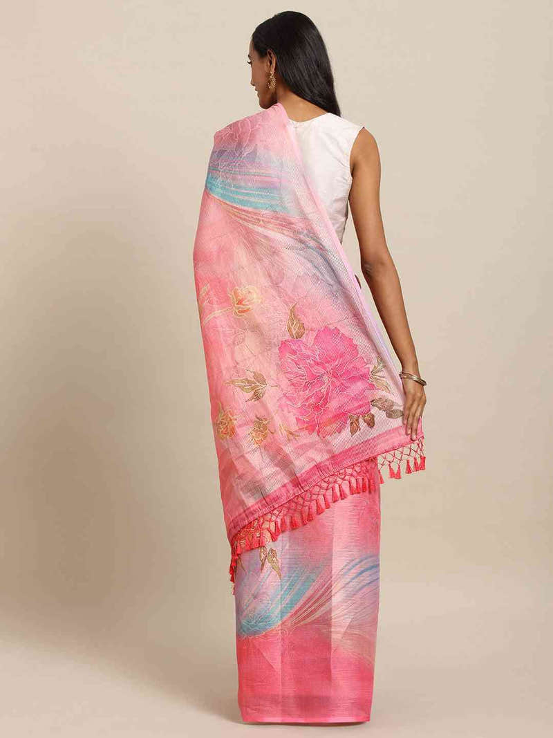 Maheshwari Floral Pink Colour Printed Saree With Zari Border
