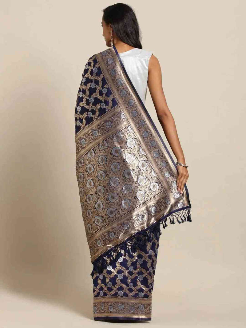 Navy Colour Banarasi Silk Zari Woven Design Saree