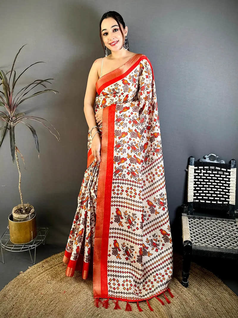 Red Bird Printed Tussar Check Saree