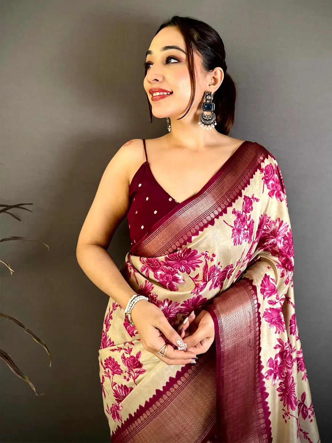 Royal Cream Floral Print Soft Dola Saree