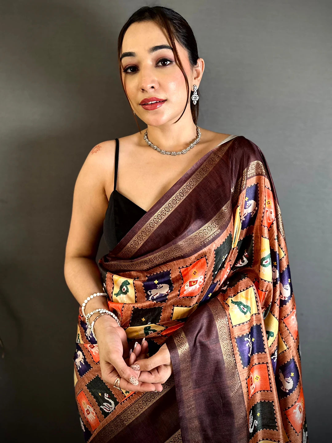 Rust Brown Soft Silk Patola Print Saree - view 2