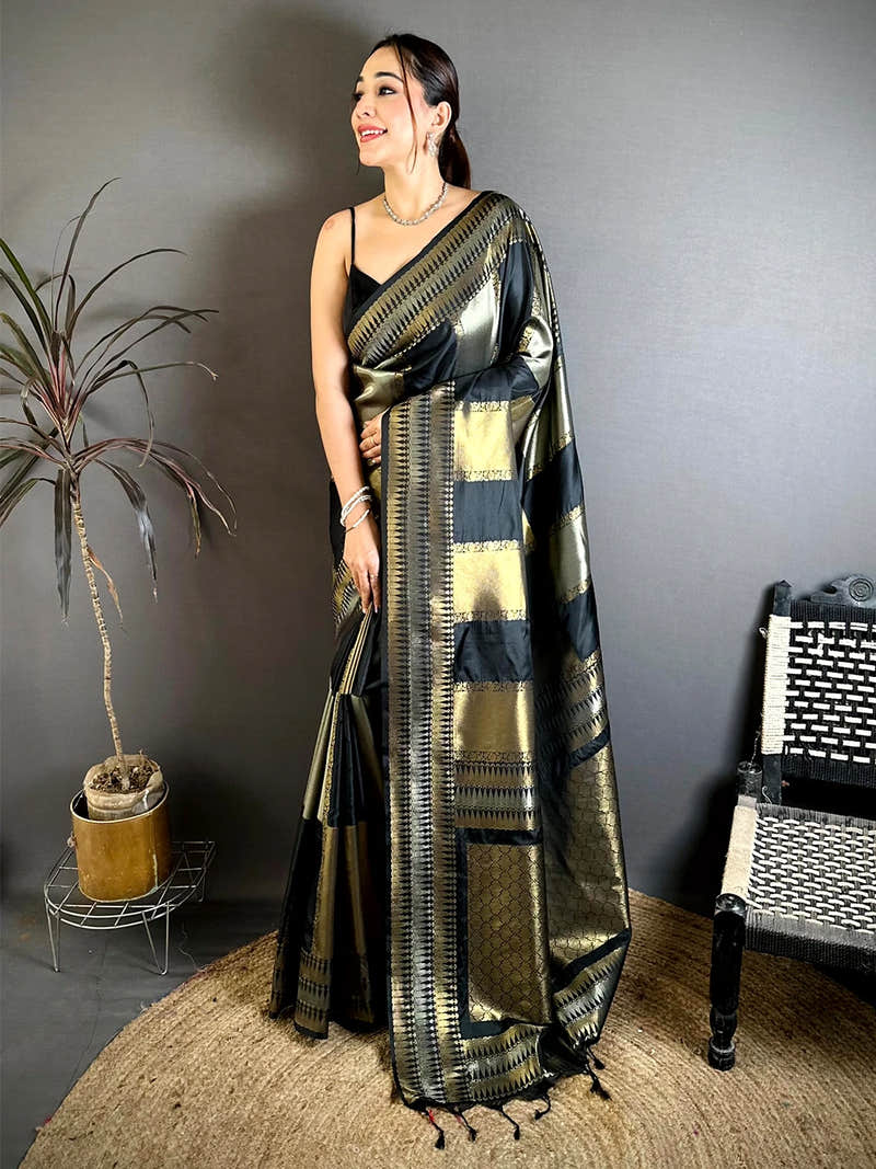 Stylish Black Soft Silk Gold Silver Zari Saree