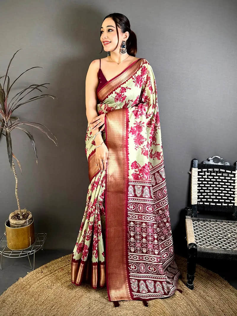 Stylish Pista Floral Print Soft Dola Saree