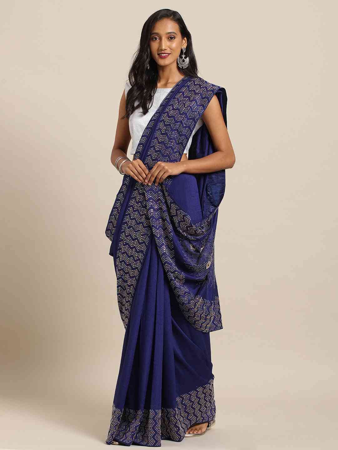 Poly Silk Saree With Embellished Border And Stones Work