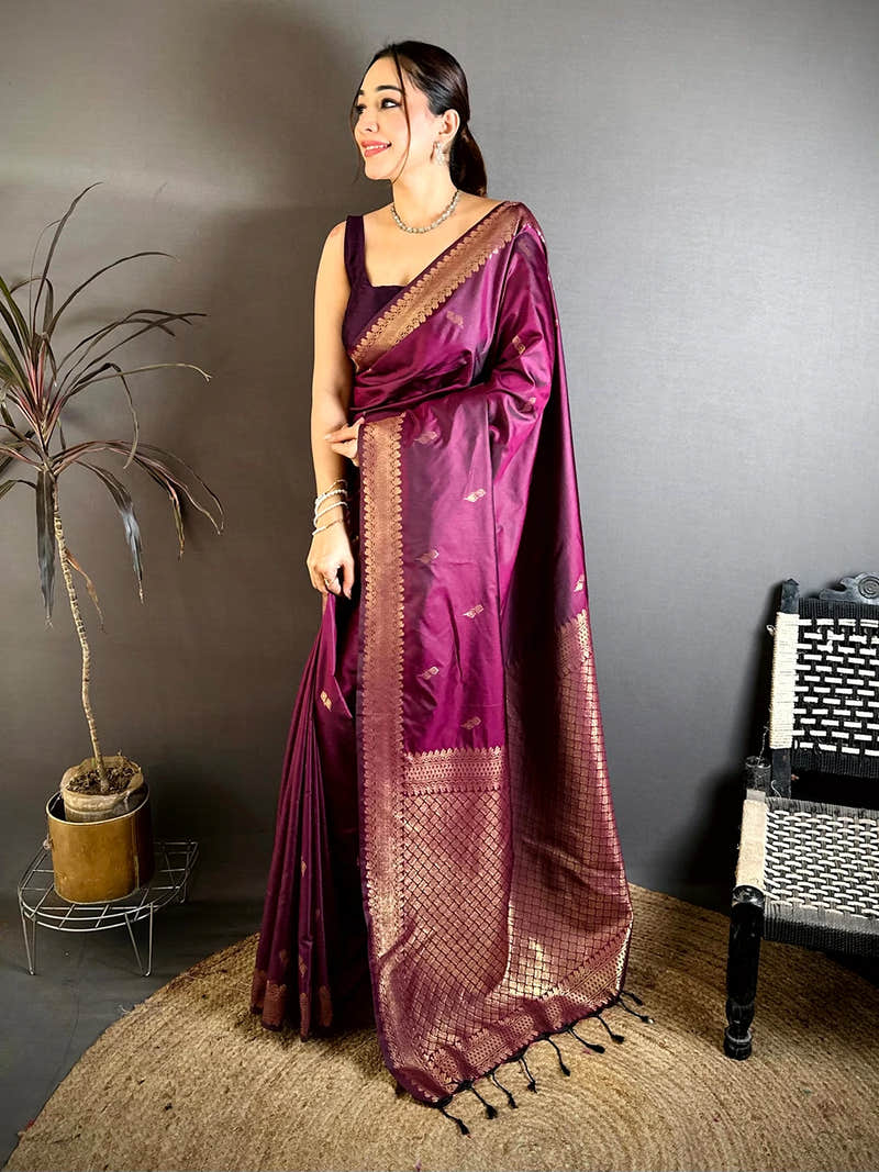 Wine Soft Banarasi Silk Small Zari Border Saree