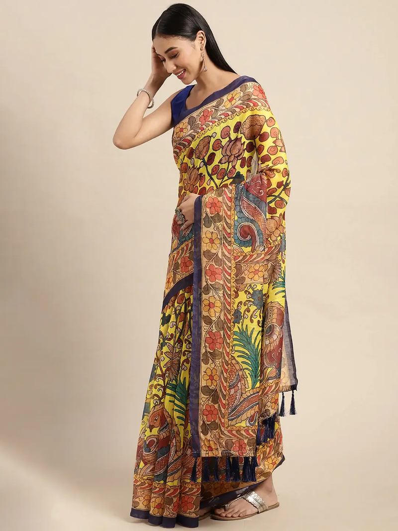 Beautiful Digital Print Kalamkari Design Soft Linen Saree