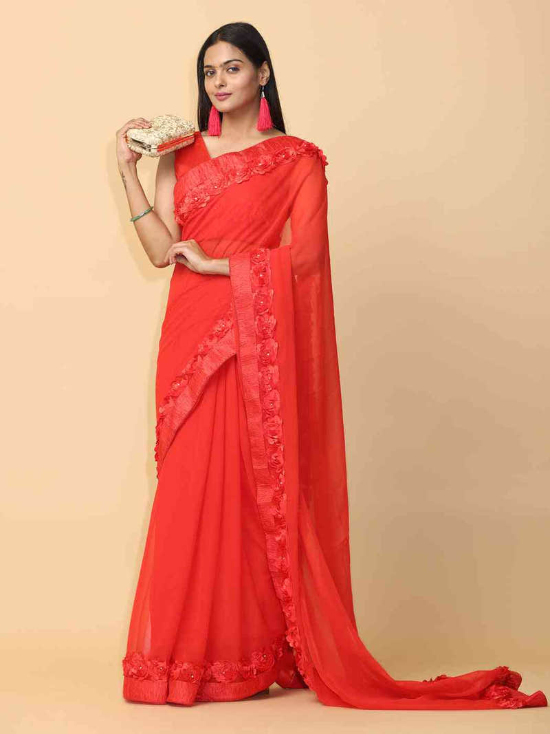 Ribbon Poly Georgette Party Wear Solid Saree