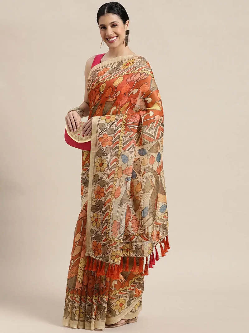 Beautiful Digital Print Kalamkari Design Soft Linen Saree