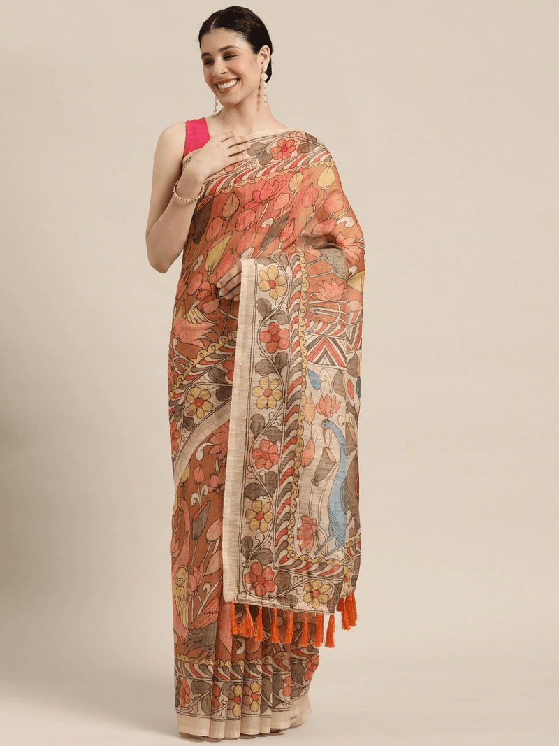 Beautiful Digital Print Kalamkari Design Soft Linen Saree