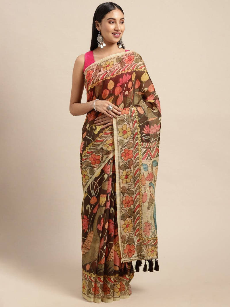 Digital Print Kalamkari Linen Saree