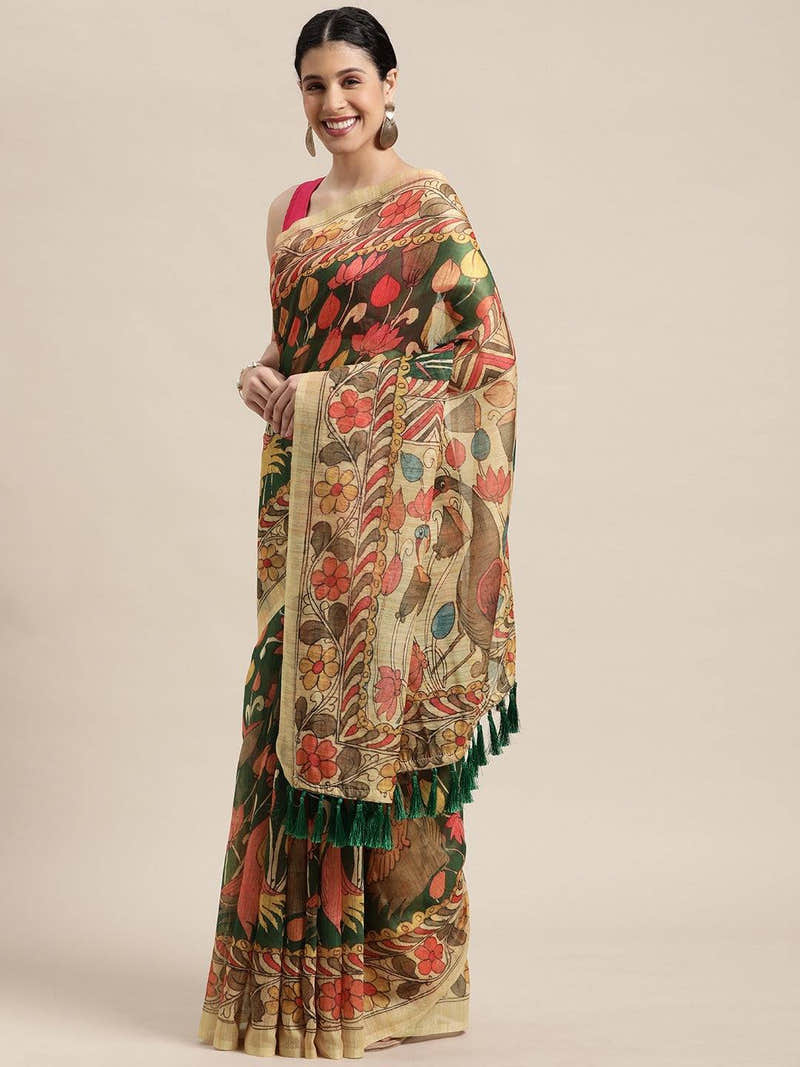 Beautiful Digital Print Kalamkari Design Soft Linen Saree
