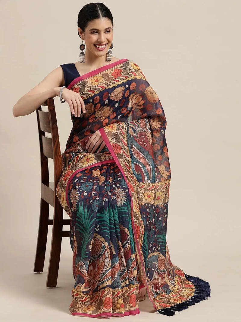 Digital Print Kalamkari Linen Saree