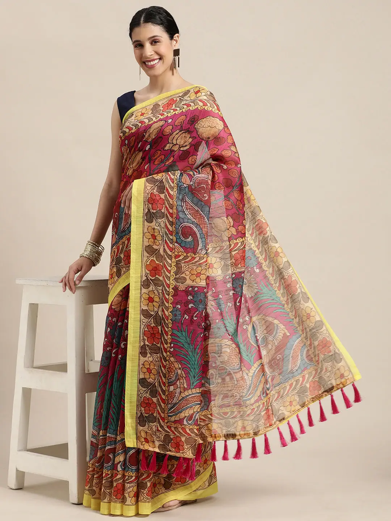 Beautiful Digital Print Kalamkari Design Soft Linen Saree