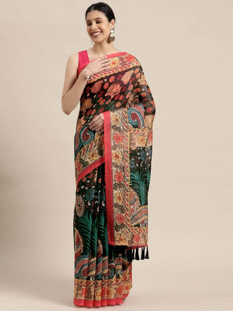Beautiful Digital Print Kalamkari Design Soft Linen Saree