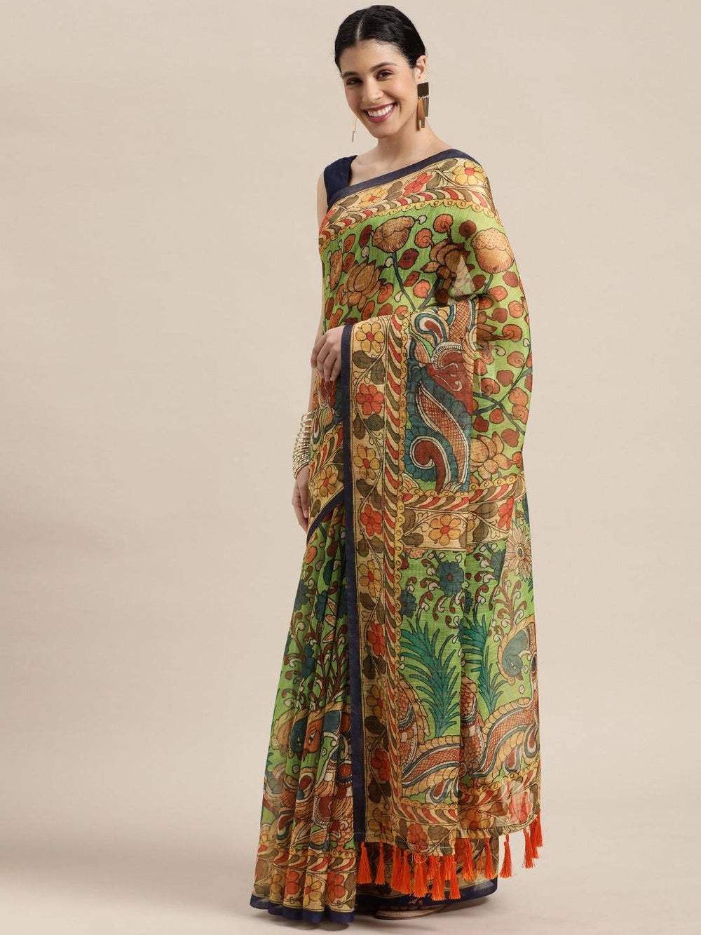 Latest Digital Print Kalamkari Linen Saree Collection