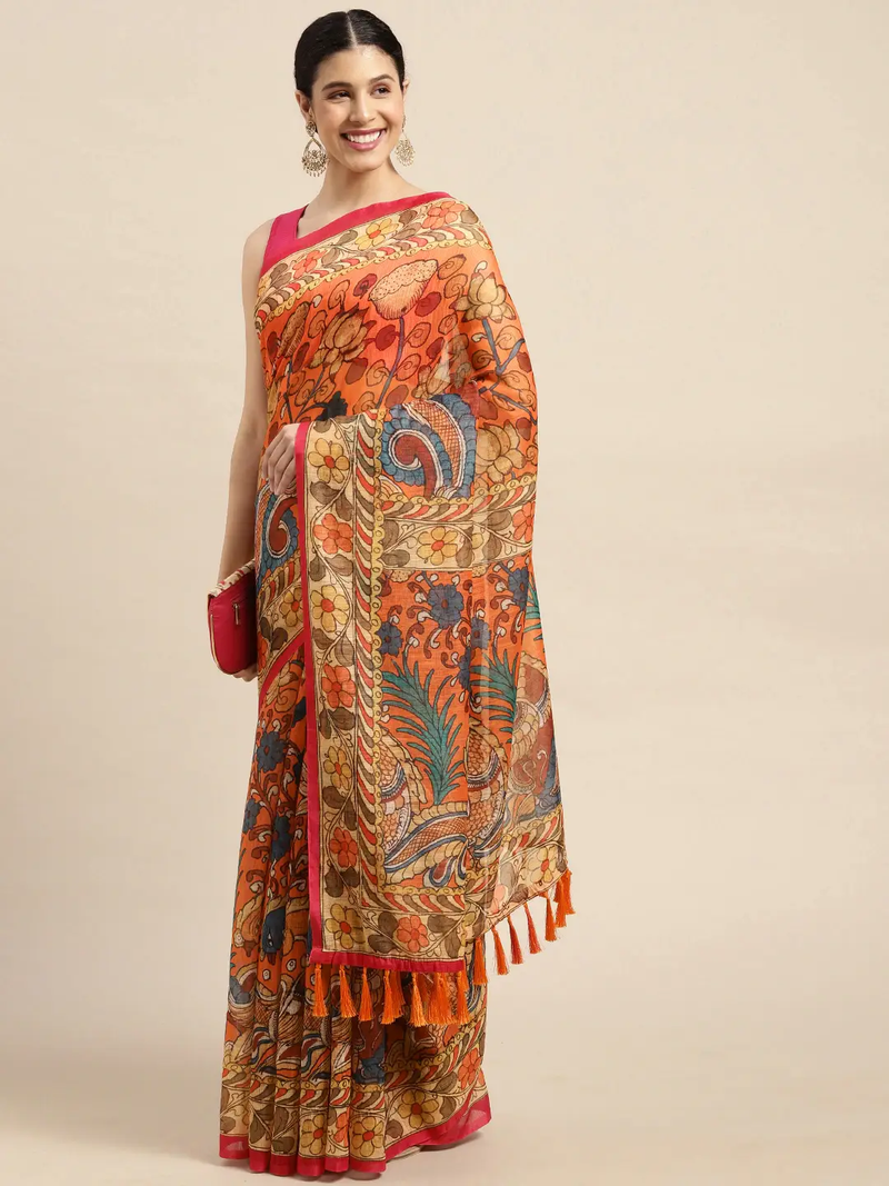 Beautiful Digital Print Kalamkari Design Soft Linen Saree