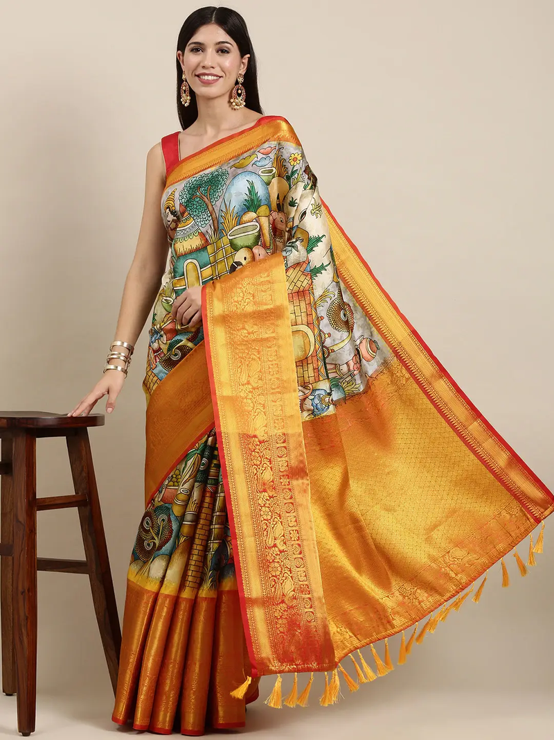 Soft Linen Kalamkari Block Print Sarees