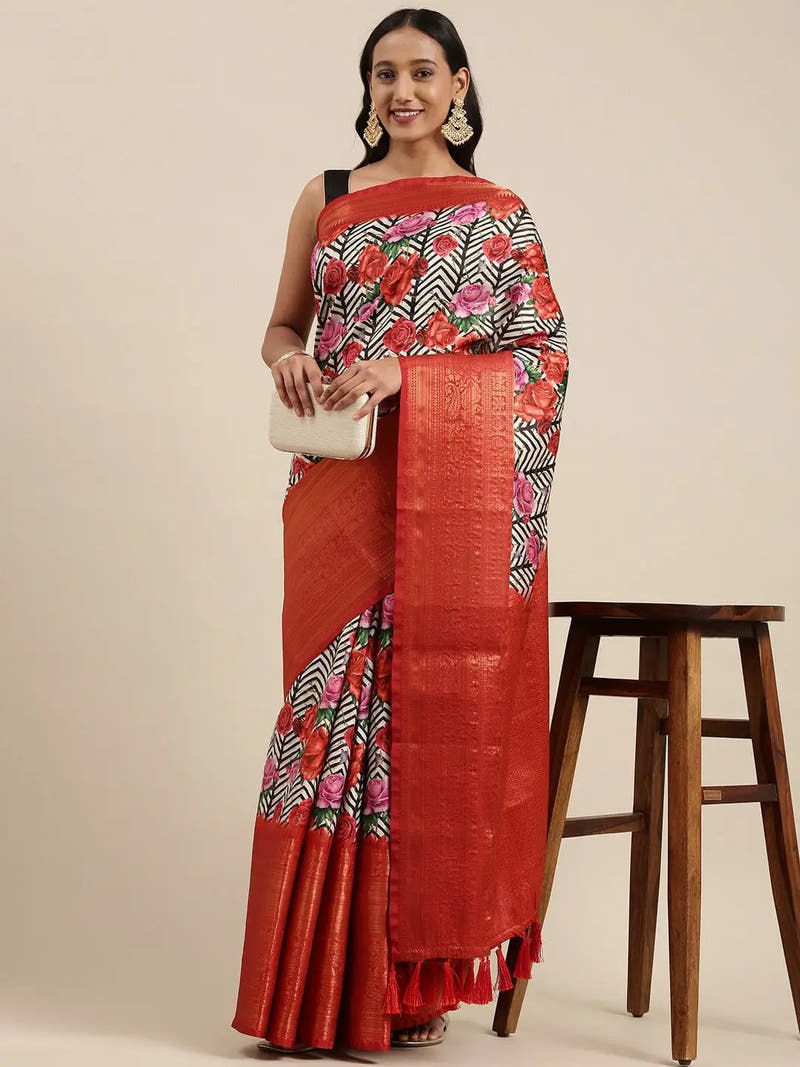 Digital Kalamkari Print Pattu Banarasi Silk Saree