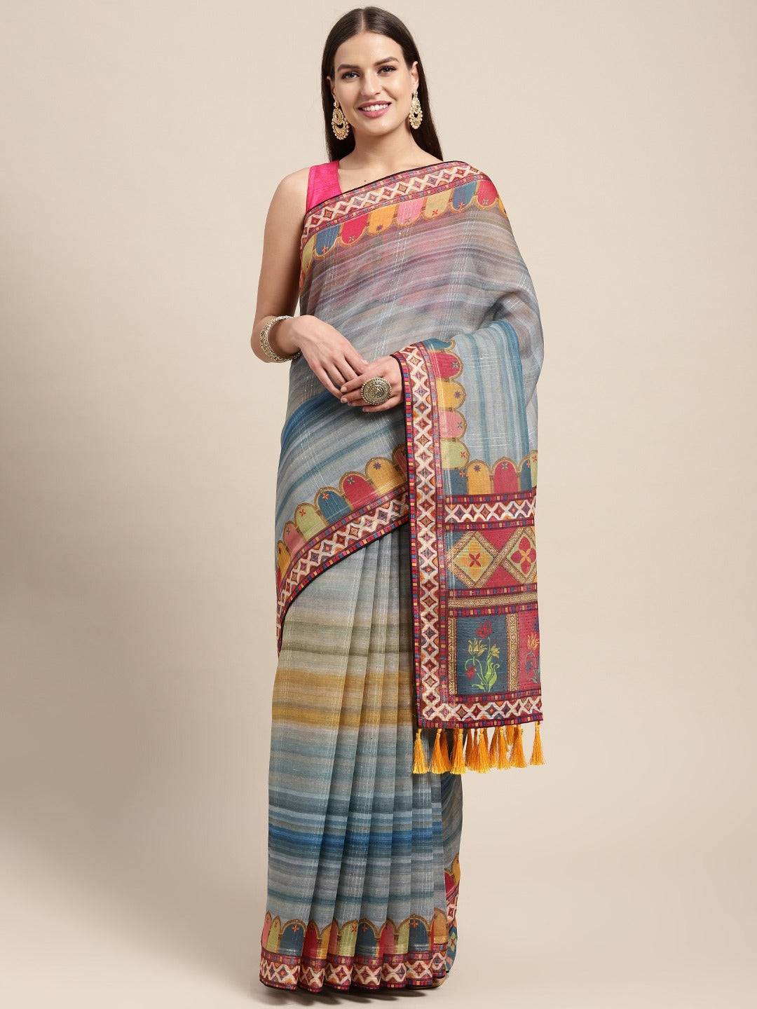 Soft Linen Kalamkari Block Print Sarees