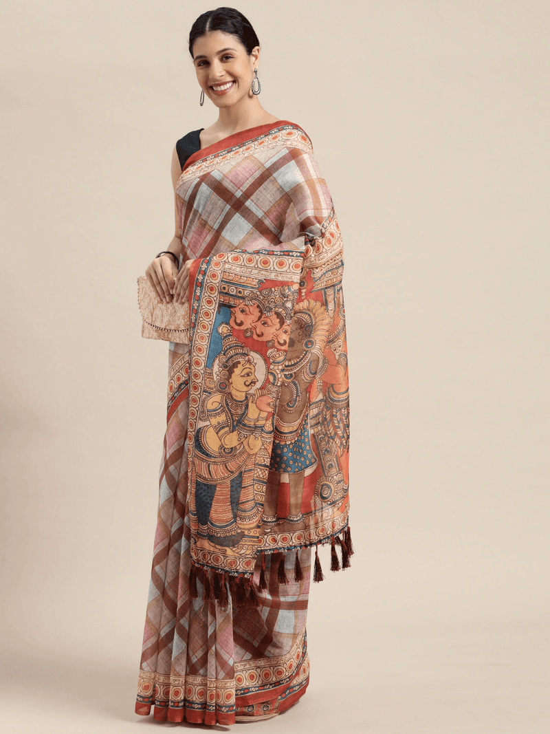 Beautiful Digital Print Kalamkari Design Soft Linen Saree