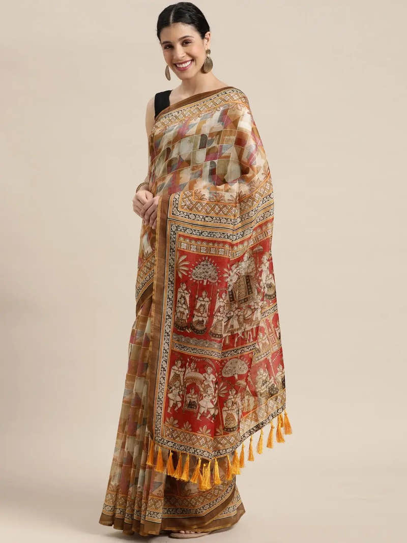 Latest Digital Print Kalamkari Design Soft Linen Saree
