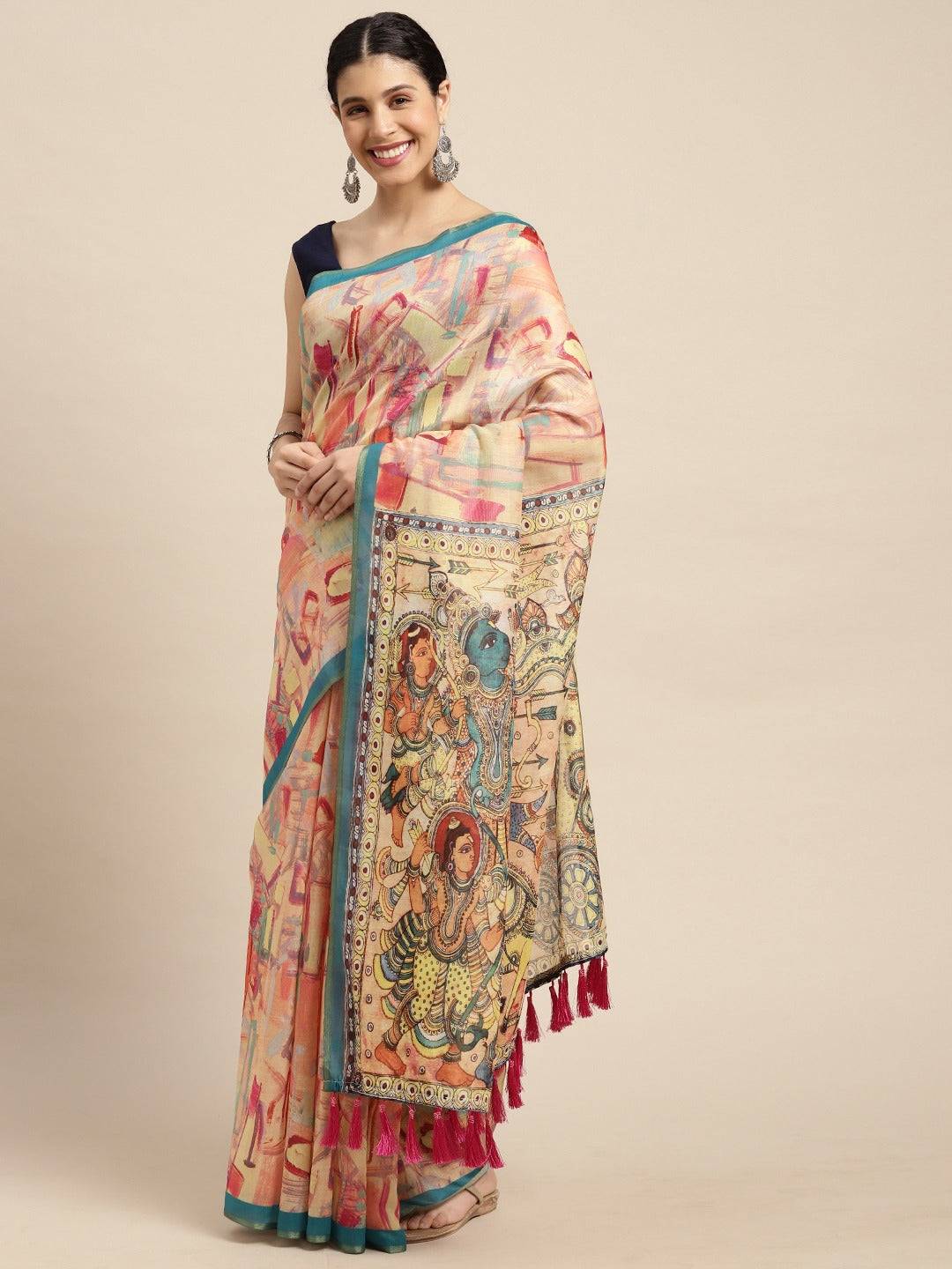 Soft Linen Kalamkari Digital Print Party Wear Saree