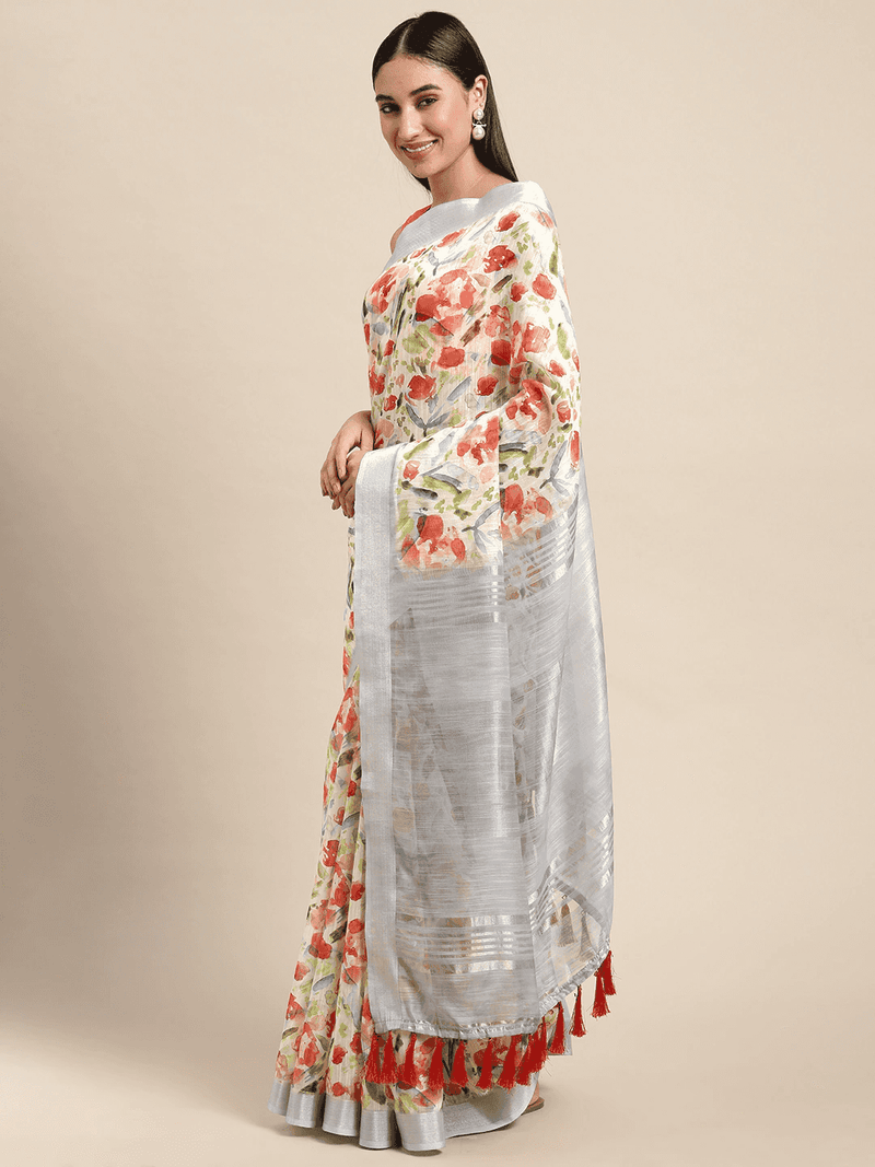 Beautiful Digital Flower Print Design Soft Linen Saree