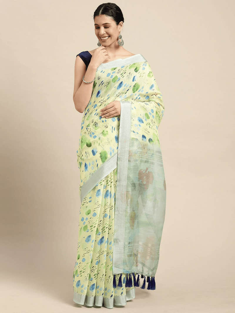 Pale Yellow Soft Linen Digital Print Saree with Zari Border