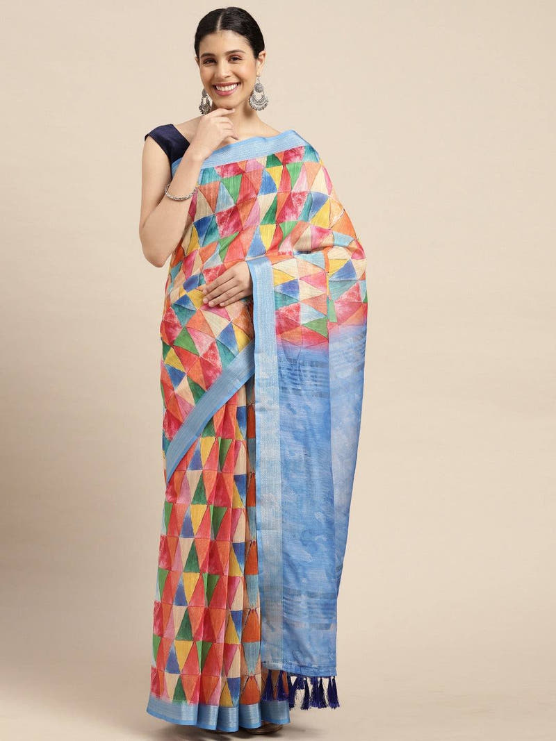 Digital Block Print Desine Soft Linen Saree