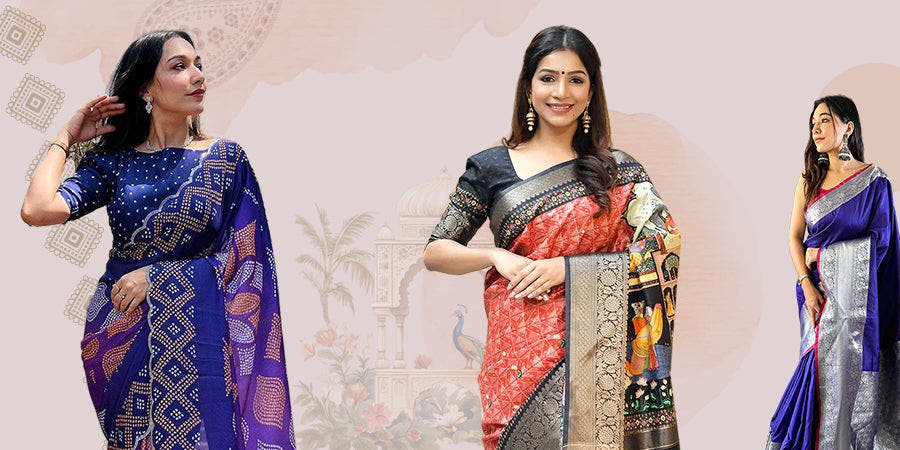 Elegant women in vibrant traditional sarees showcasing Kalamkari, Bandhani, and Banarasi weaves.