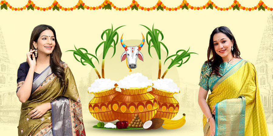 Festive Pongal celebration with women in traditional sarees and decorated pots.