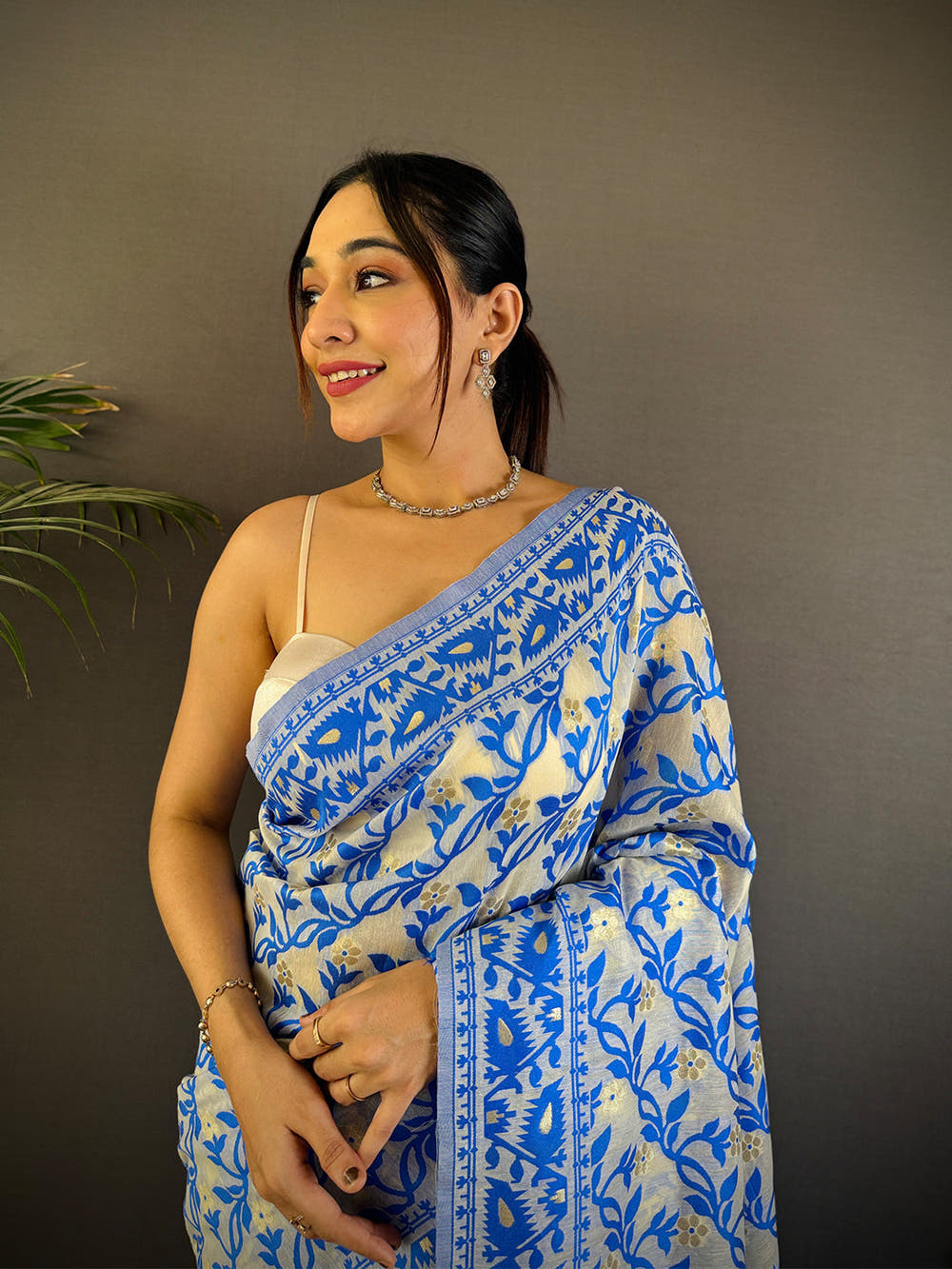 Royal blue Dhakai Jamdani silk saree that flatters every Indian skin tone