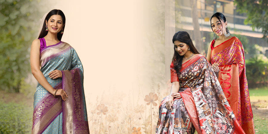 Elegant women in colorful sarees outdoors