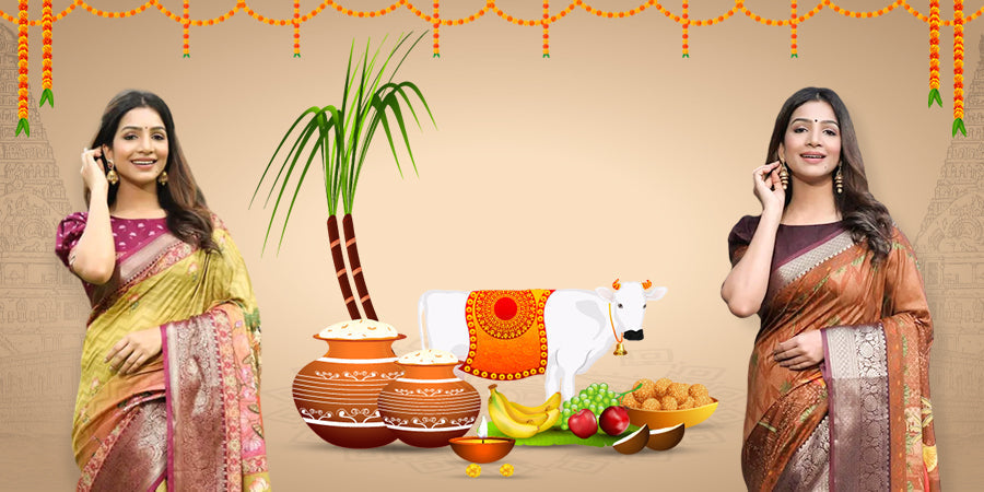 Women in traditional sarees celebrating Pongal with festive decorations and Pongal pots.