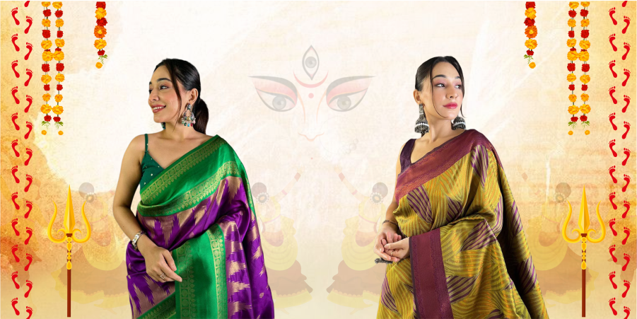 Elegant Durga Pooja sarees with vibrant colors