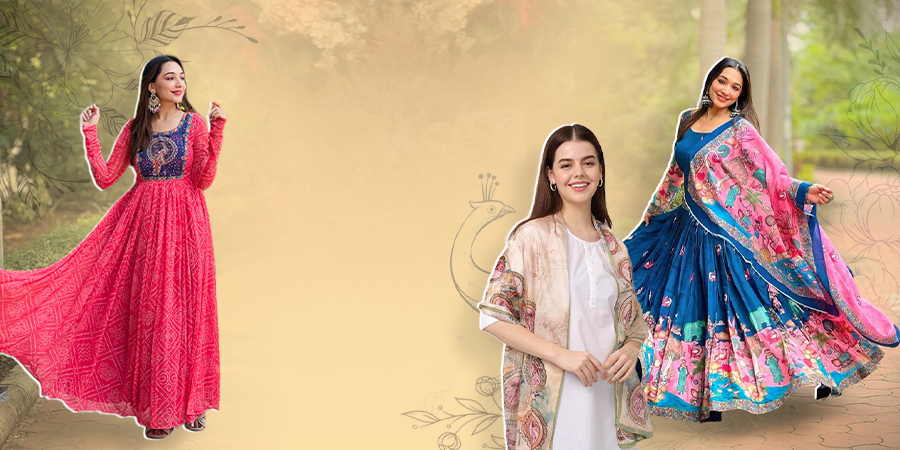 Colorful ethnic dresses, vibrant scarves, traditional lehengas