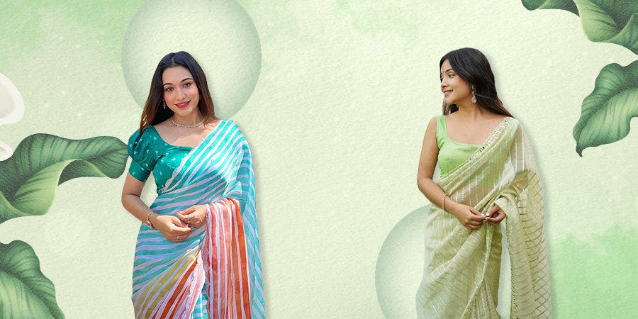 Saree Care Guide: Women in vibrant sarees on a leafy background