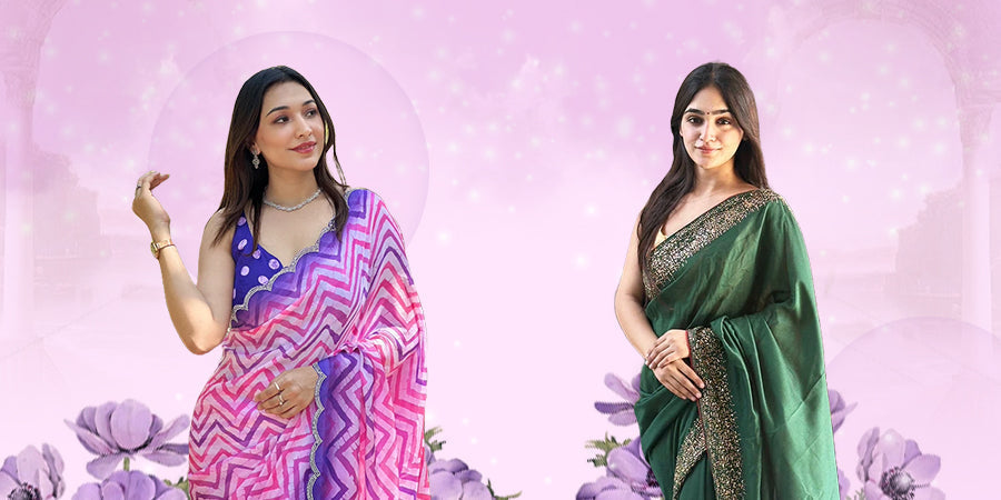 Elegant Swarovski sarees in vibrant pink and green hues.